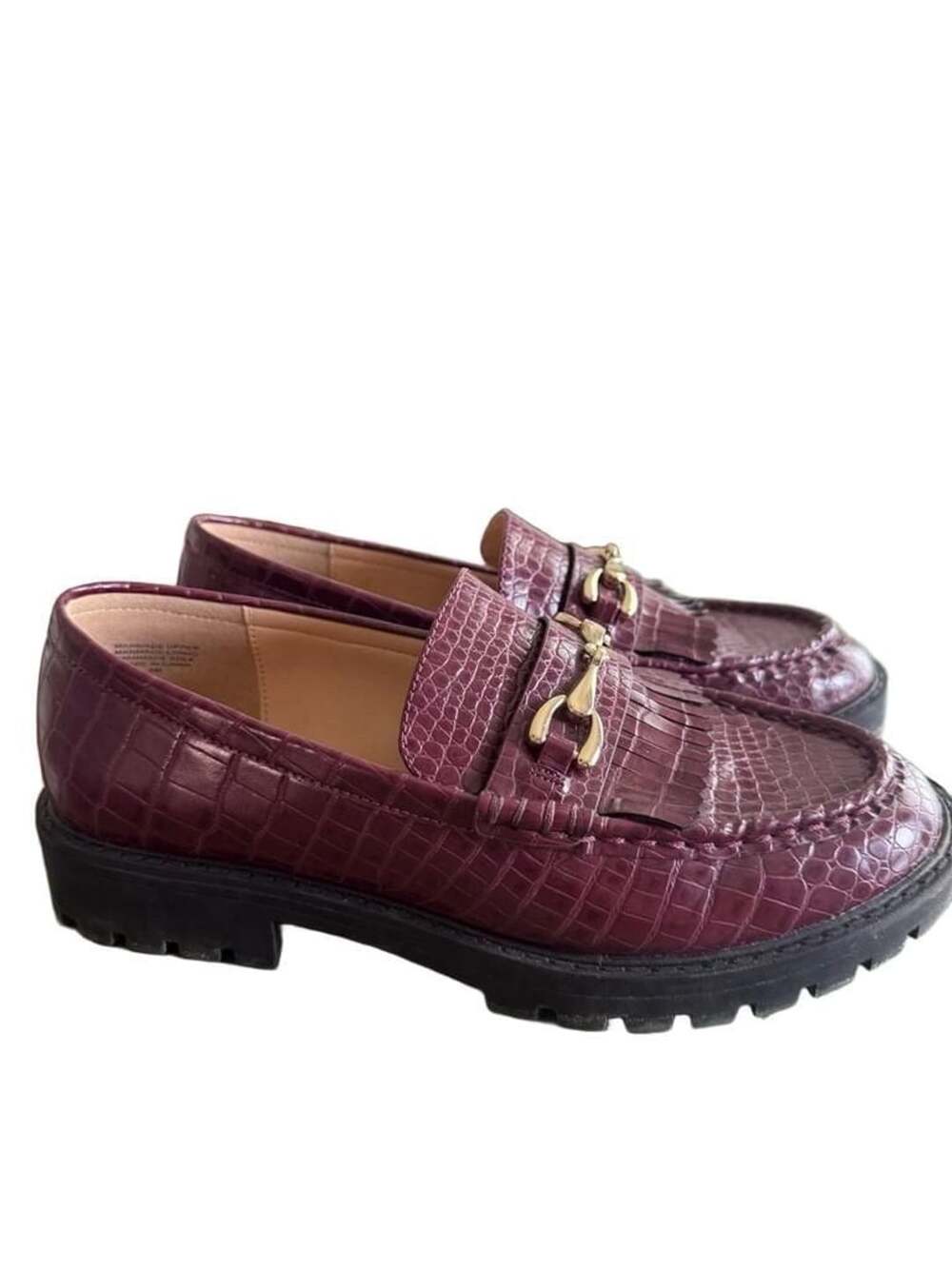 LOFT Burgundy Croc Embossed Fringe Platform Loafers with Gold Horsebit Buckle